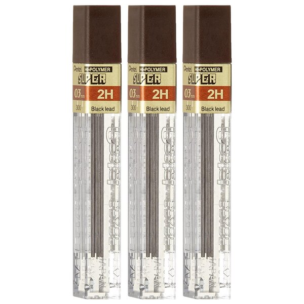 Etui de 12 mines HI POLYMER SUPER 0 3 mm 2H x 3 PENTEL