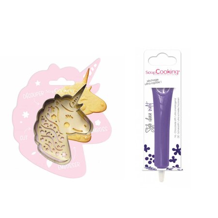 Kit pour biscuit en relief Licorne + Stylo au chocolat violet