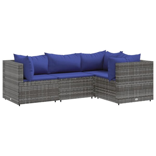 vidaXL Salon de jardin 4 Pièces avec coussins Gris Résine tressée
