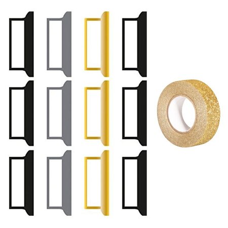 12 stickers onglets pour Bullet journal noir-gris-doré + masking tape doré à paillettes