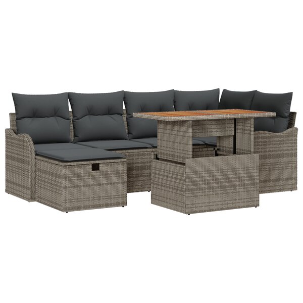 Set de canapé de jardin 7 pièces avec coussins gris en poly rotin