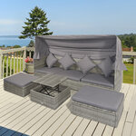 Lit canapé de jardin modulable grand confort pare-soleil pliable 6 coussins 4 oreillers table basse relevable résine tressée polyester gris