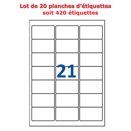 Lot de 20 planches étiquettes autocollantes pour timbres sur feuille a4 : 63,5 x 38,1 mm (21 étiquettes par feuille)