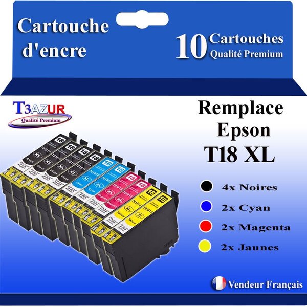 T3AZUR- 10x Cartouches Compatibles avec Epson 18XL 18 XL remplace Epson Expression Home XP402 XP405 XP405WH XP412 XP415 XP422 XP425