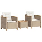 vidaXL Ensemble de bistro 3 Pièces coussins beige résine tressée acacia