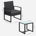 Salon de jardin extérieur ensemble de 3 meubles de jardin surface tressée pour balcon terrasse montage facile 2 canapés et 1 table noir 12_0007387