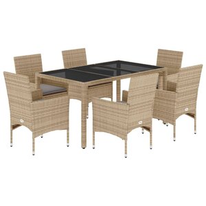vidaXL Ensemble à manger de jardin et coussins 7 Pièces beige rotin verre