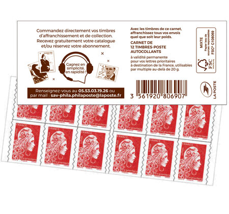Carnet 12 timbres Marianne l'engagée - Lettre Prioritaire - Couverture Service Clients