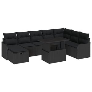 vidaXL Ensemble de canapé de jardin avec coussin 9 Pièces Noir Poly rotin