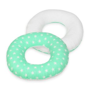 Coussin rond post natal etoiles blanches sur fond bleu menthe blanc