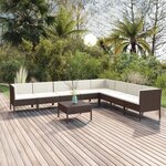 vidaXL Salon de jardin 9 Pièces avec coussins Résine tressée Marron