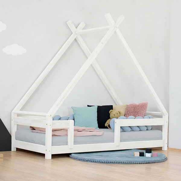 Lit Tipi enfant avec barrière bois massif blanc 120 x 190 cm