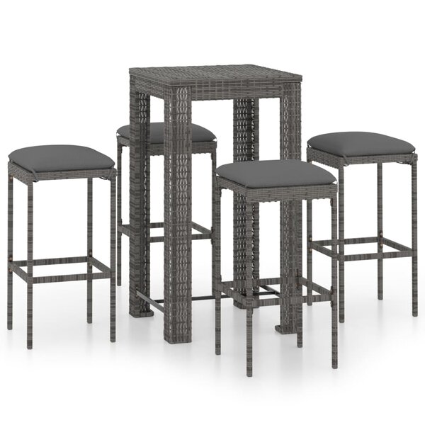 vidaXL Ensemble de bar de jardin 5 Pièces et coussins Résine tressée Gris