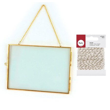 Cadre verre vintage rectangle 18 x 13 cm avec chaîne + Ficelle dorée & blanche