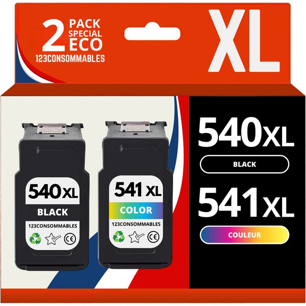 123CONSOMMABLES - PG-540 XL CL-541 XL - Pack pour cartouche Canon 540 541 XL - encre Canon 540 et 541 compatible imprimante Canon PIXMA MX475 MG3650 MG3550 MG4250 TS5150 TS5151 (1 noir / 1 tri-couleur)