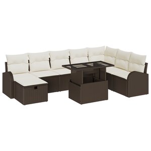 Ensemble de Canapés de Jardin 9 Pièces avec Coussins en Rattan Marron