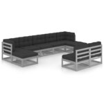 vidaXL Salon de jardin 9 Pièces avec coussins Gris Bois de pin massif