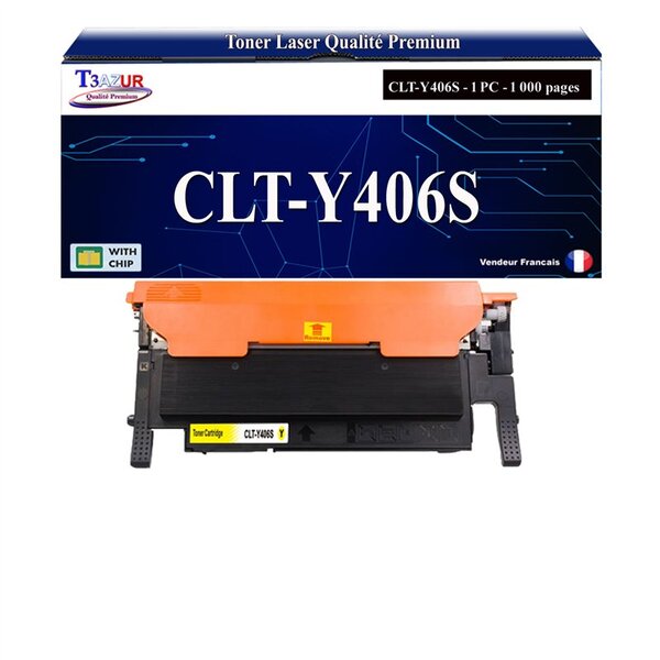 T3AZUR - Toner compatible avec Samsung CLT-Y406S pour Samsung CLP360 CLP365 CLP365W CLX3300 CLX3305 CLX3305FN CLX3305FW CLX3305W - Jaune