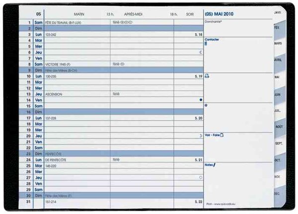 Agenda plain + répert. Couv plast grainée noir 10 x 15 cm quovadis