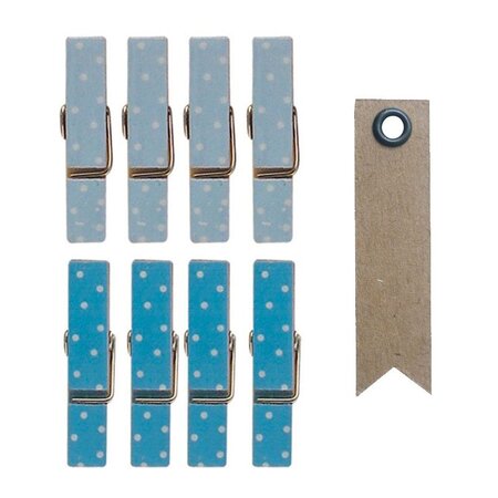 8 mini pinces à linge aimantées bleues 3 5 cm + 20 étiquettes kraft Fanion