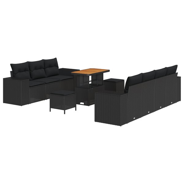 Ensemble de Canapés de Jardin 10 Pièces avec Coussins Noir Rattan Acacia
