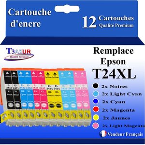 T3AZUR- 12x Cartouches Compatibles avec Epson T2431 T2432 T2433 T2434 T2435 T2436 T24XL