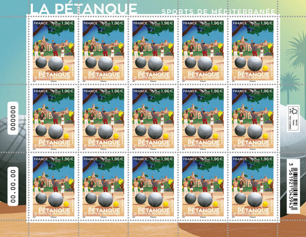 Feuille de 15 timbres - Euromed - La pétanque - Sports de Méditerranée - Lettre internationale