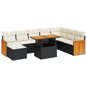 vidaXL Salon de jardin avec coussins 9 Pièces noir résine tressée acacia
