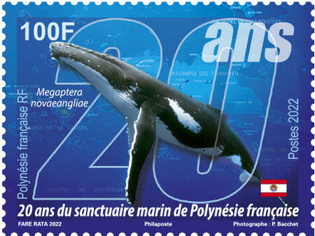 Timbre Polynésie Française - 20 ans du sanctuaire marin de Polynésie française - Baleine