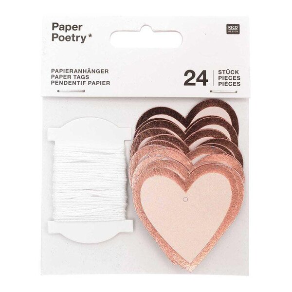 24 étiquettes à suspendre coeurs rose à contour brillant