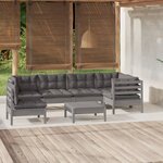 vidaXL Salon de jardin 7 Pièces avec coussins Gris Bois de pin