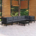 vidaXL Salon de jardin 7 Pièces avec coussins Noir Bois de pin