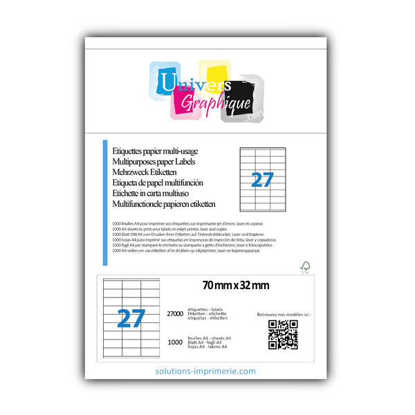 Lot de 1000 planches a4 de 27 étiquettes à bords vifs 70 x 32 mm en papier blanc 70g/m² multifonction