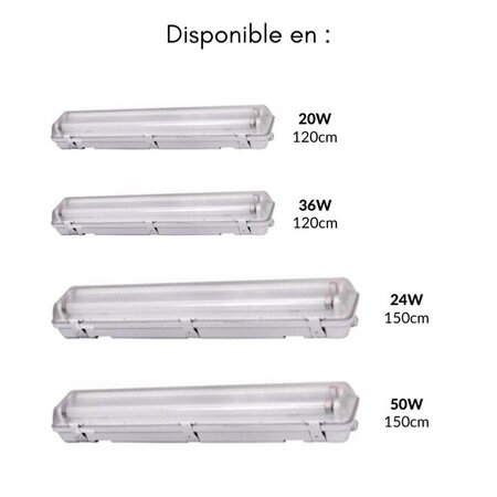 Kit de réglette led étanche double pour tubes t8 120cm ip65 (2 tubes néon  lumineuse led 120cm t8 36w inclus) - blanc neutre 4000k - - La Poste