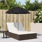 vidaXL Chaise longue double avec coussins et parasol marron poly rotin