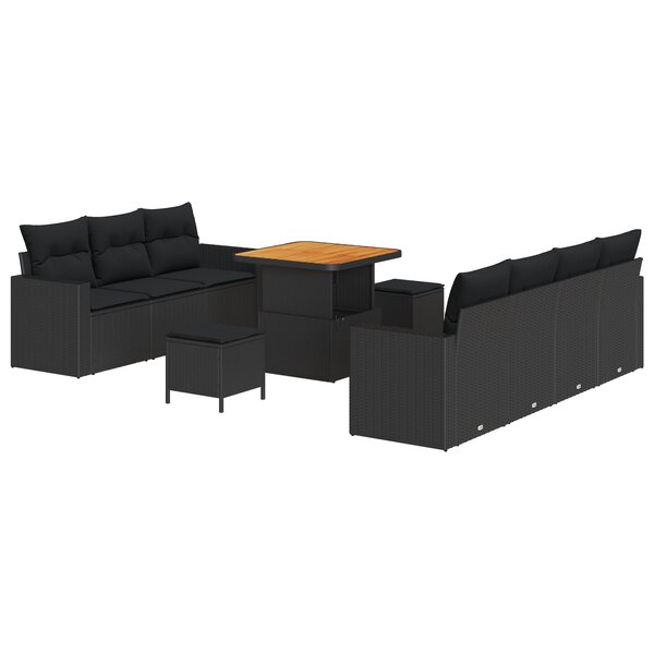 vidaXL Ensemble de canapé de jardin de 10 pièces avec coussins en poly rotin noir et acacia.