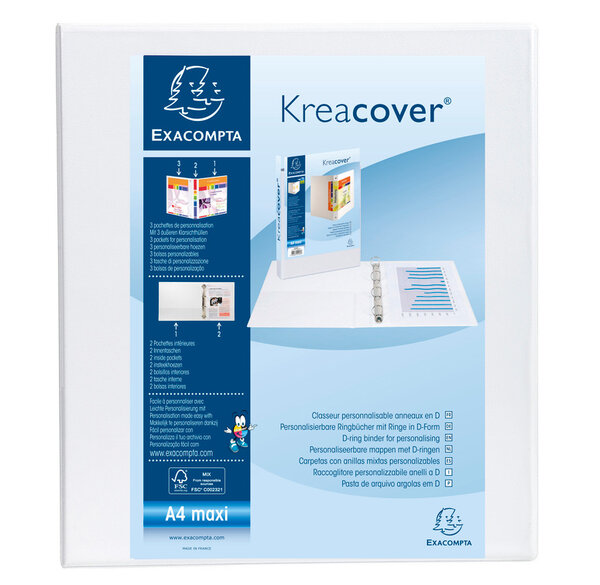 Classeur personnalisable Kreacover A4 Maxi 4 Anneaux Diam 50mm Dos 70 mm Blanc EXACOMPTA