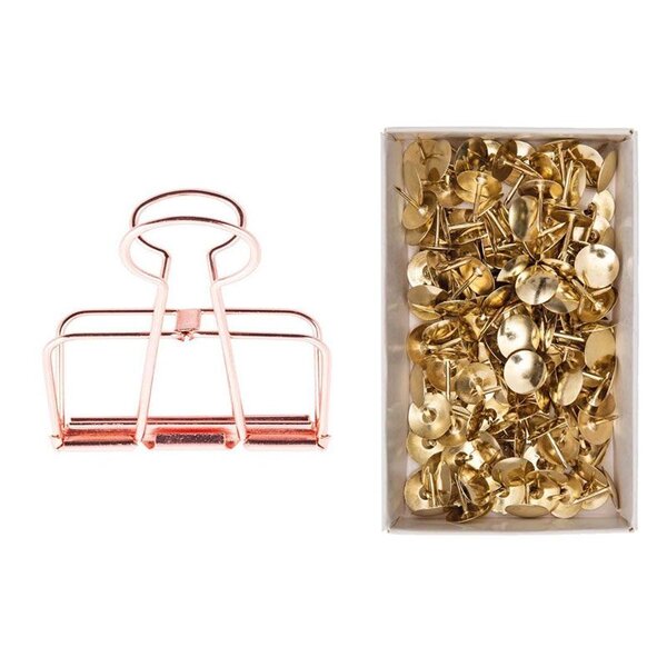 6 pinces double-clip cuivré 19 mm + 150 punaises dorées
