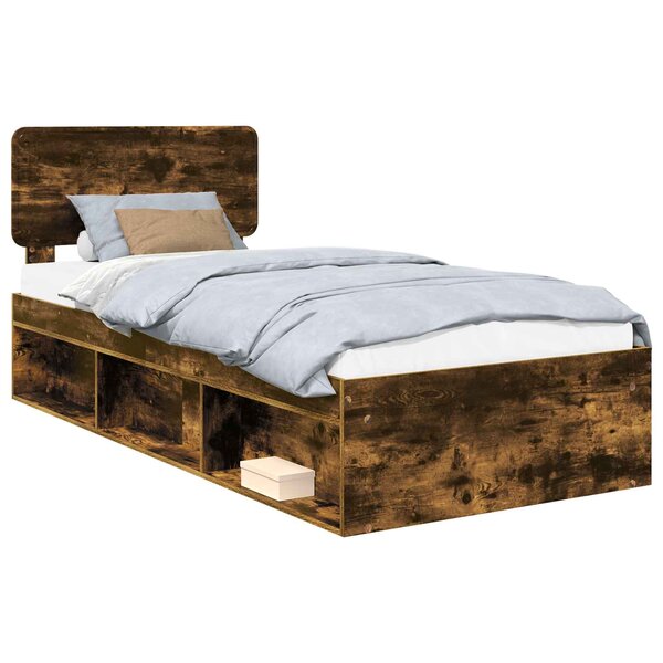 vidaXL Cadre de lit avec tête de lit Chêne fumé 75 x 190 cm Pin massif