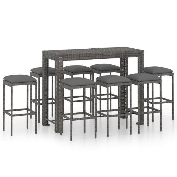 vidaXL Ensemble de bar de jardin 9 Pièces et coussins Résine tressée Gris