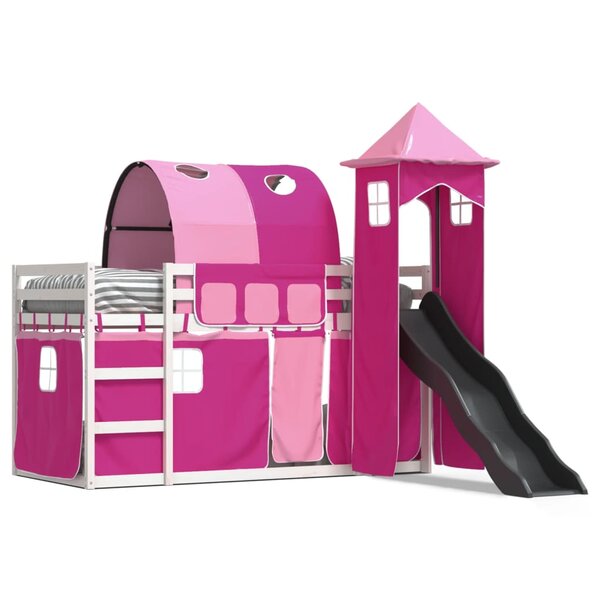 vidaXL Lit superposé avec toboggan et rideaux rose 90x200 cm