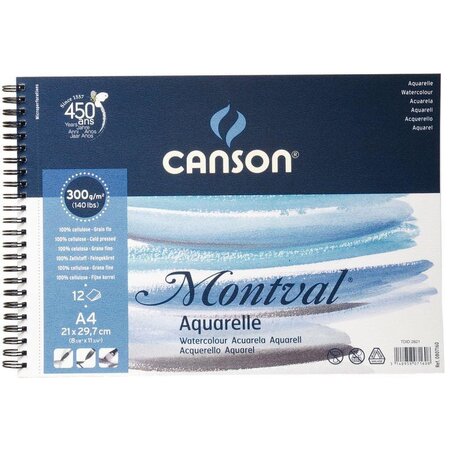 CANSON Album spiralé 12 feuilles papier aquarelle MONTVAL,  A4, 300G, grain fin blanc naturel