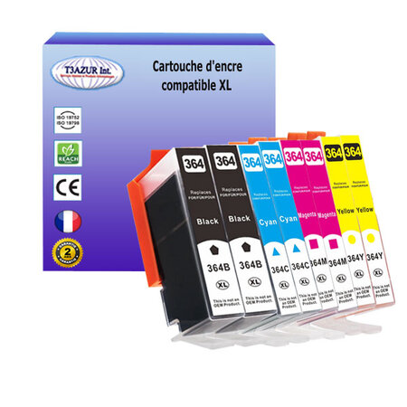 8 Cartouches compatibles avec HP PhotoSmart C6388, D5400, D5460, D5463, D5468, D7560, Plus B209, Plus B210a remplace HP n°364 XL - T3AZUR