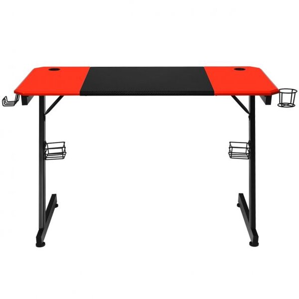 Bureau gaming surface en fibre de carbone 120 x 60 x 76 cm avec porte-gobelet crochet pour ecouteurs et supports audio noir et rouge 20_0008009