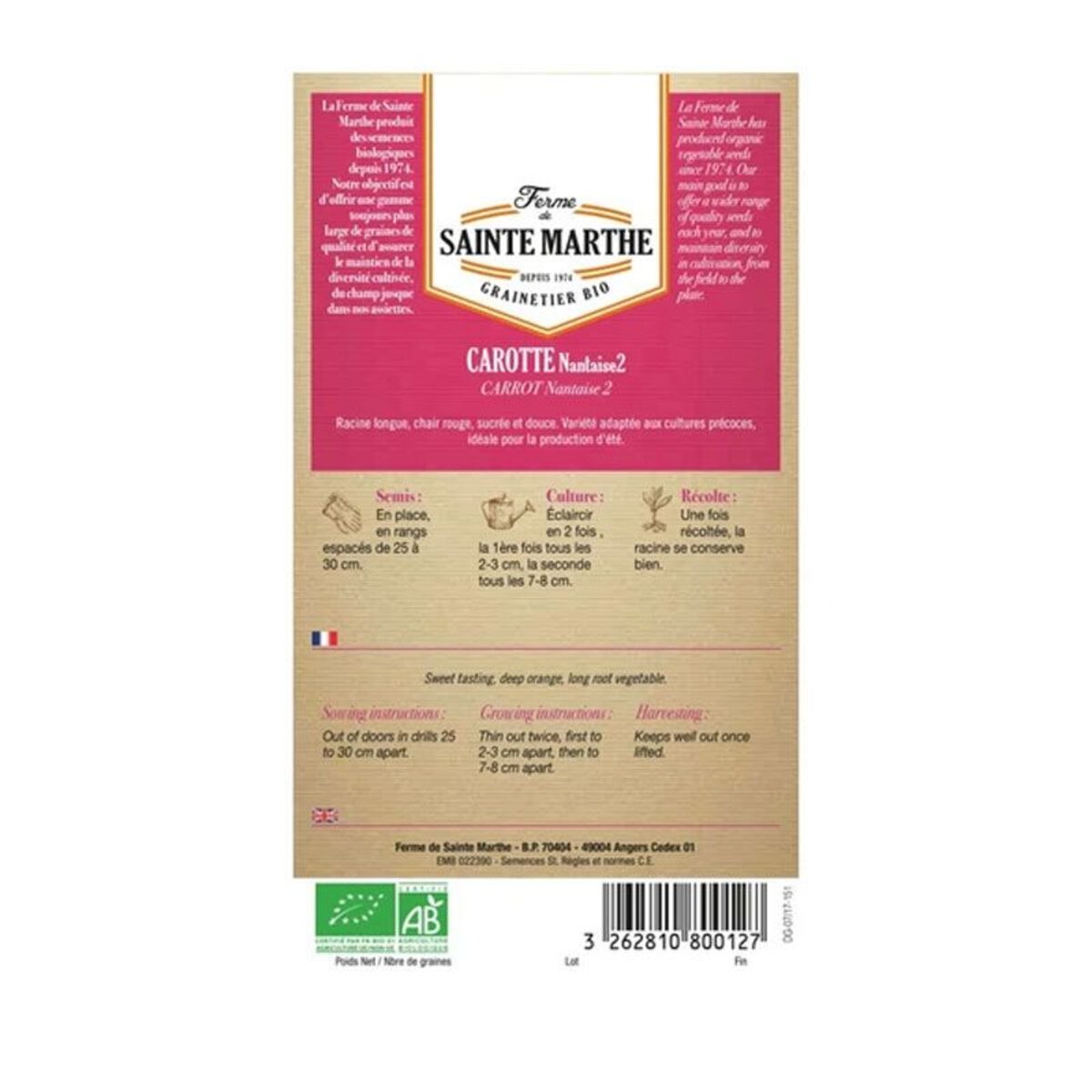 La Ferme Sainte Marthe - 200 Graines AB - Ruban De Carotte Nantaise 2