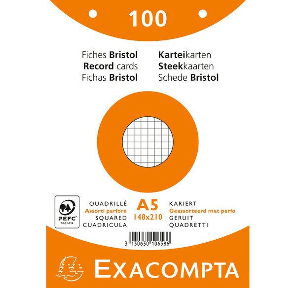 Paquet 100 fiches Bristol quadrillé 5x5 perforé - 148x210mm - Couleurs assorties EXACOMPTA