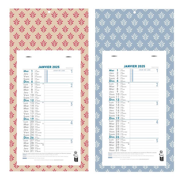 Calendrier Bloc Mensuel Mural 2025 - 16x33cm - Décor aléatoire*