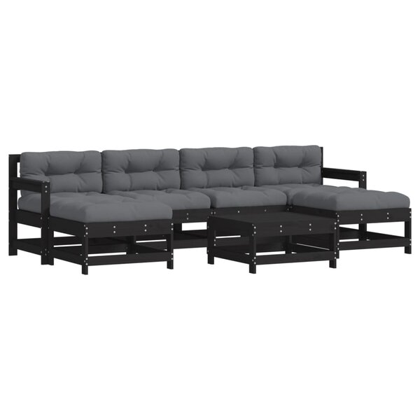 vidaXL Salon de jardin 7 Pièces avec coussins noir bois massif