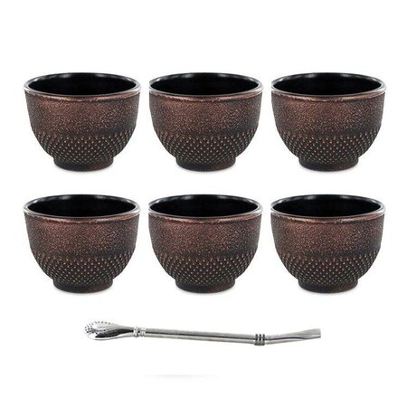 6 tasses en fonte noires & bronze 15 cl + paille inox avec filtre