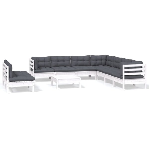 vidaXL Salon de jardin 10 Pièces avec coussins blanc bois de pin massif